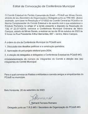 EDITAL DE CONVOCAÇÃO CONFERÊNCIA DE MÁRIO CAMPOS