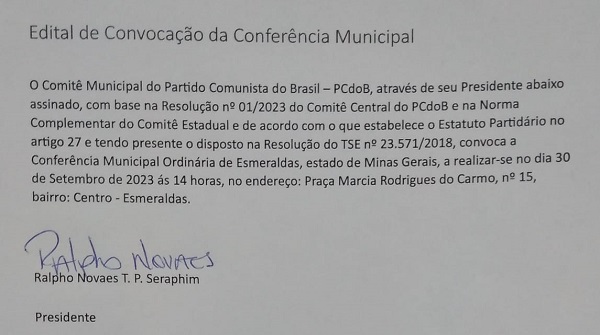 EDITAL DA CONFERÊNCIA MUNICIPAL DE ESMERALDAS