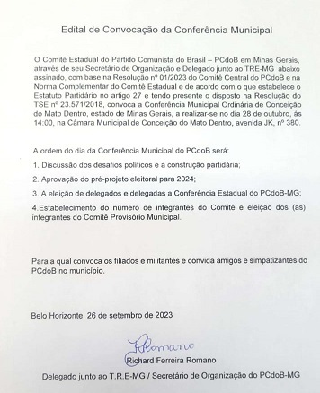 EDITAL DE CONVOCAÇÃO CONFERÊNCIA DE CONCEIÇÃO DO MATO DENTRO