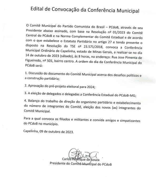 EDITAL DE CONVOCAÇÃO CONFERÊNCIA MUNICIPAL DE CAPELINHA