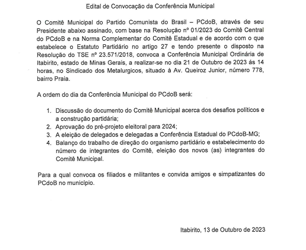 EDITAL DE CONVOCAÇÃO CONFERÊNCIA MUNICIPAL DE ITABIRITO